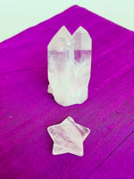 Load image into Gallery viewer, Reverse side of crystal quartz star. This powerful little quartz crystal star can be used for meditation, healing, for your altar, or as décor for any room in your home or office. Easy to slip right into your pocket so you can take the energy of Quartz everywhere you go. Quartz is the &quot;most powerful healing and energy amplifier on the planet&quot; (Judy Hall). Approximately 1¼&quot;. Cost is $6.
