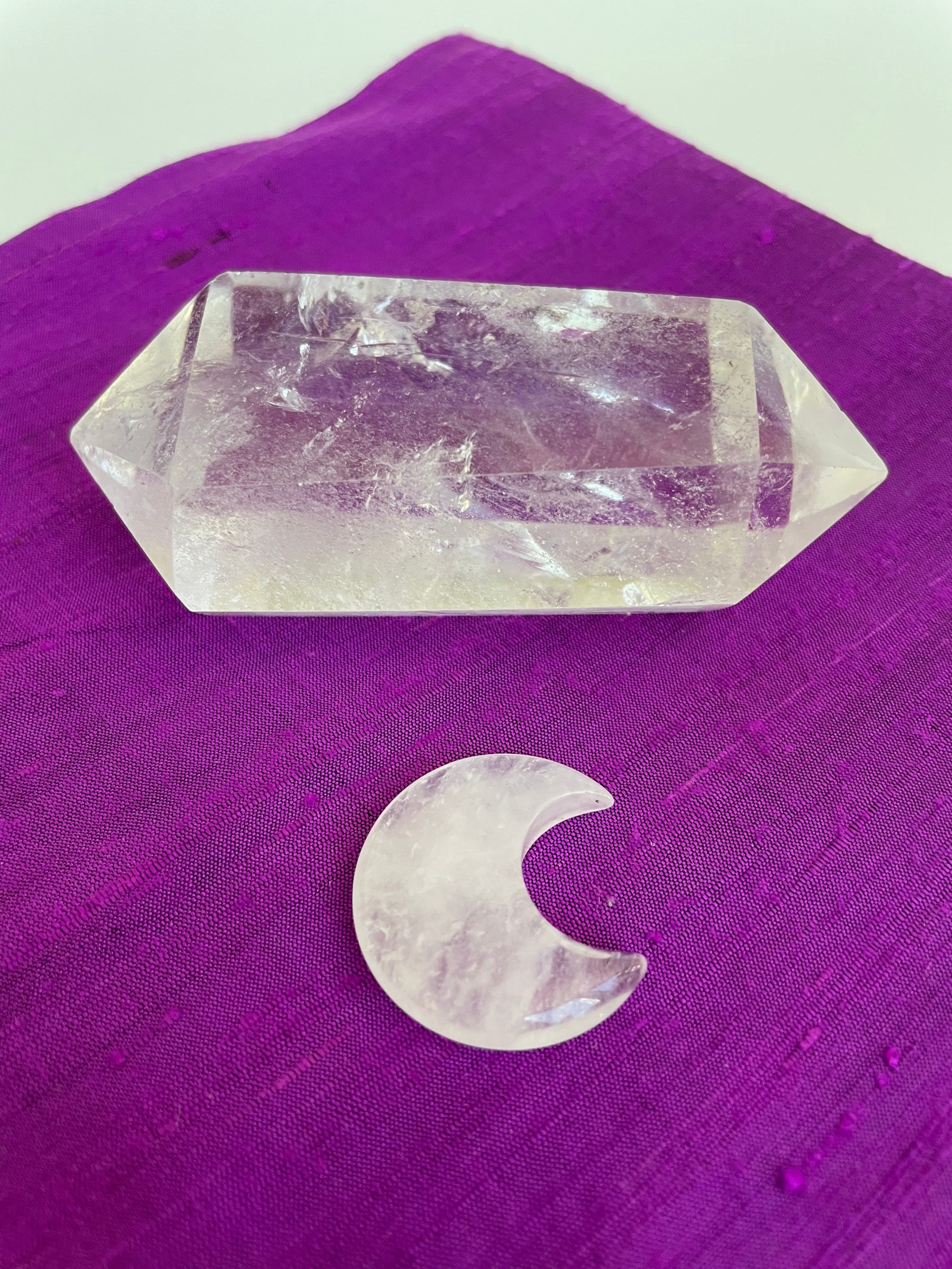 This powerful little quartz crystal crescent moon can be used for meditation, healing, for your altar, or as décor for any room in your home or office. Easy to slip right into your pocket so you can take the energy of quartz everywhere you go.  Quartz is the "most powerful healing and energy amplifier on the planet" (Judy Hall). Approx. 1¼". Cost is $6. 