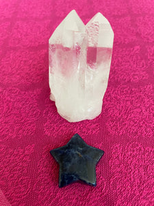 Reverse side of sodalite star. ﻿This powerful little sodalite crystal star can be used for meditation, healing, as an altar piece or as décor for any room in your home or office. Makes a wonderful gift too! Easy to slip right into your pocket so you can take the energy of sodalite wherever you go! Sodalite "Unites logic with intuition and opens spiritual perception" (Judy Hall). Approx. 1¼". Cost is $6.