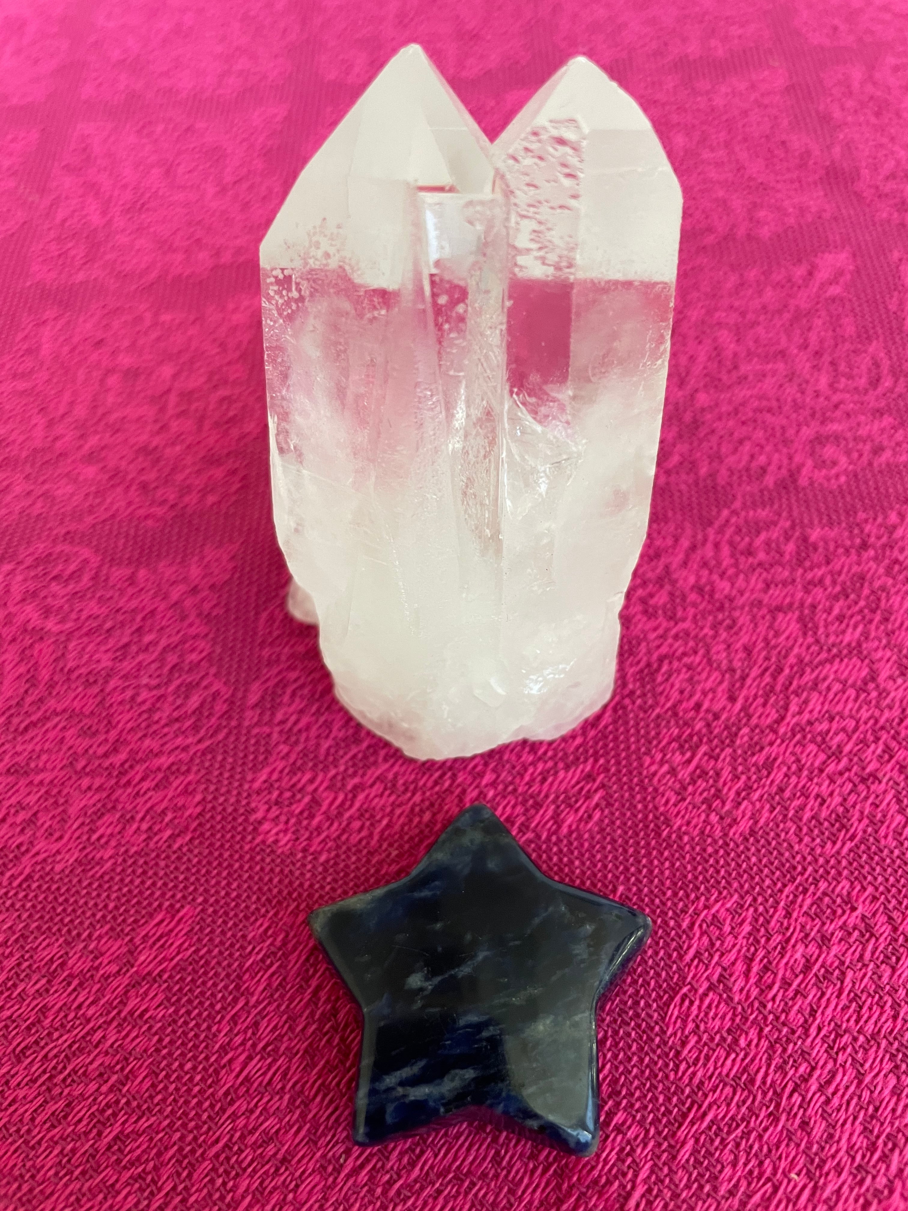 This powerful little sodalite crystal star can be used for meditation, healing, as an altar piece or as décor for any room in your home or office. Makes a wonderful gift too! Easy to slip right into your pocket so you can take the energy of sodalite wherever you go! Sodalite "Unites logic with intuition and opens spiritual perception" (Judy Hall). Approx. 1¼". Cost is $6.  