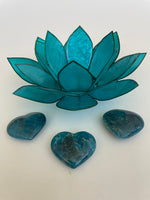 Load image into Gallery viewer, View of several hearts. Love this blue apatite heart! Great to carry in your pocket, place on your altar or bookshelf or to hold during meditation. Apatite enhances manifestation, aids psychic abilities and meditation, helps you to express yourself verbally, aids in reaching high levels of spiritual guidance, boosts creativity and helps to ease anger and irritation (along with other wonderful qualities). The apatite heart is approximately 1¼&quot; at it&#39;s widest/longest expanse. Cost is $6
