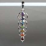 Load image into Gallery viewer, Close-up view. Chakra energy link pendant. Small faceted stones that represent each of the chakras: amethyst/crown, iolite/third eye, blue topaz/throat, peridot/heart, citrine/solar plexus, carnelian/sacral (or naval), garnet/root (or base). These stones, set in links or loops of sterling silver, two per loop or link, go straight down the middle. Pendant is approximately 1¾&quot;.
