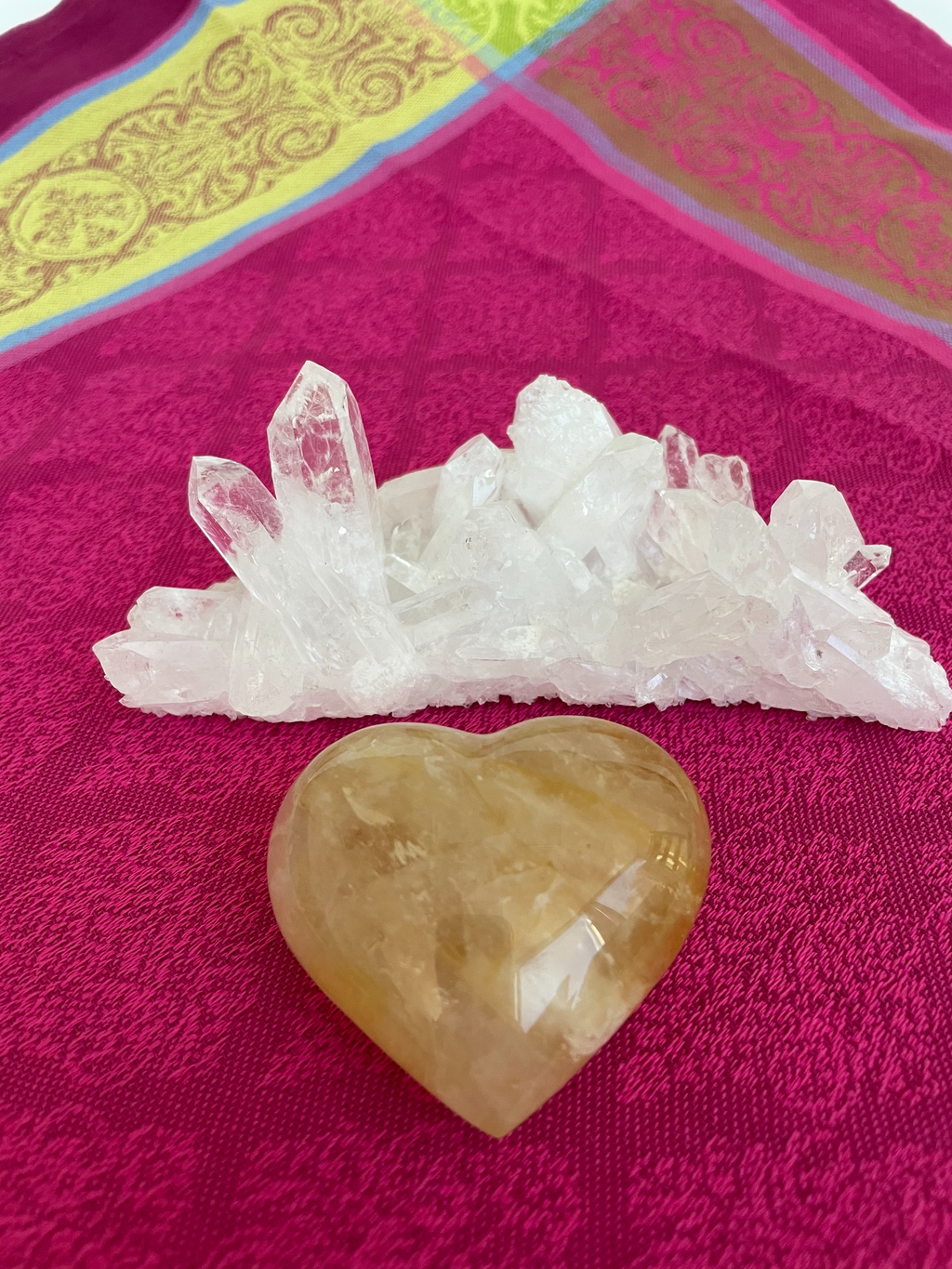 Beautiful citrine (yellow quartz) heart! Great to place on your altar or bookshelf, to hold during meditation, to use for healing or as a décor item in your home of office. Citrine absorbs and dispels negative energy, is a stone of abundance - attracting money, prosperity and success, warming & energizing, enhances creativity, brings a positive attitude, is cleansing and more. This citrine heart is approximately 2" at it's widest expanse. Cost is $24.