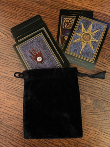 Plain black Velvet tarot/oracle deck bag (no design) to store cards. Drawstrings for closure. Size: 5.75"x4.75". Holds small decks only (e.g. Shamanic Healing Oracle Cards, Original Angel Cards, etc.). Can also be used to store & protect small to medium size crystals, gemstones or other precious items.  Cost is $4.99