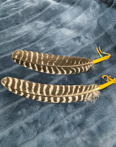 Alternate photo of the Beautiful feather for smudging, with the shaft wrapped in leather and accented with colorful beads. This is an authentic Native American made product.  You can use it to: *Cleanse, clear & purify your space or environment - home, office, *Cleanse, clear or purify a person & their energy *Promote healing *Promote clarity of mind *Clear out spiritual impurities *Enhance ceremony or ritual. Approximately 13" (or 14" with leather, beaded dangles). Cost is $21.50.